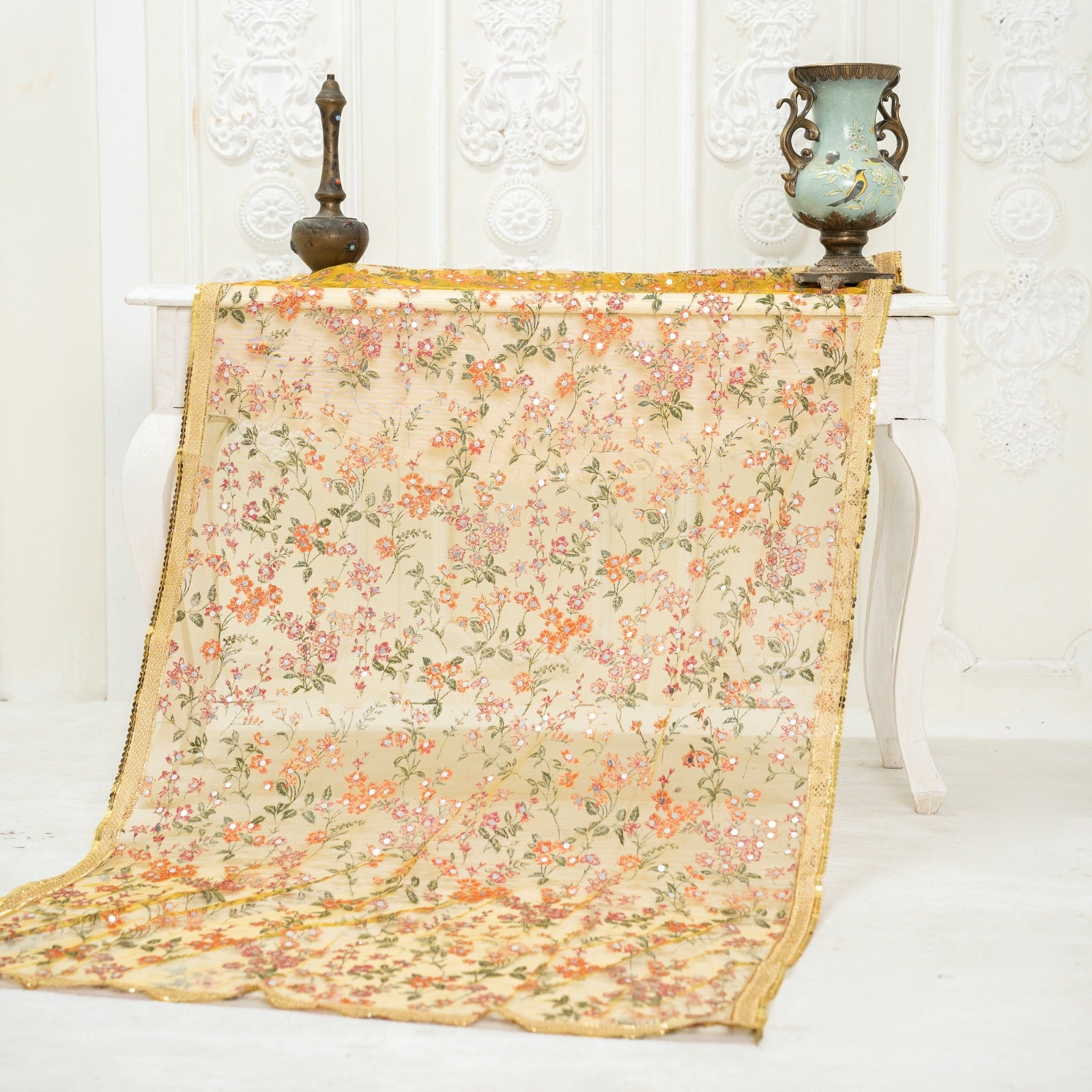 Net Mustard Botanical Block Printed Gota Patti with Mirror Work Dupatta