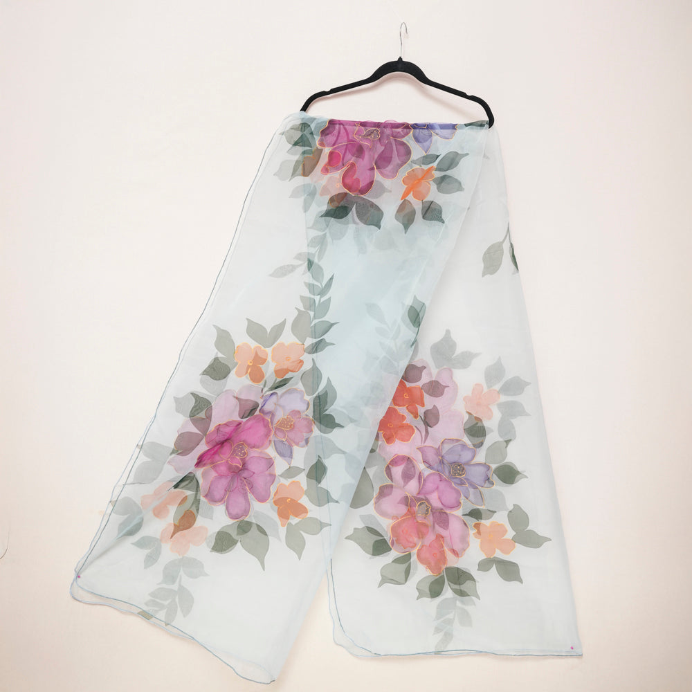 Elegant Floral Ice Blue Organza Hand-Painted Dupatta DUPPATTY WALAY
