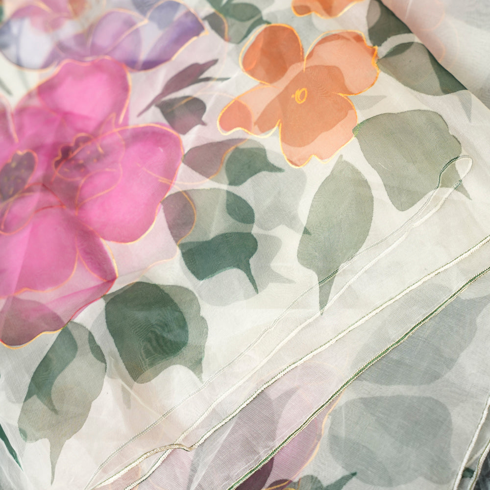 Elegant Floral Off-White Organza Hand-Painted Dupatta DUPPATTY WALAY