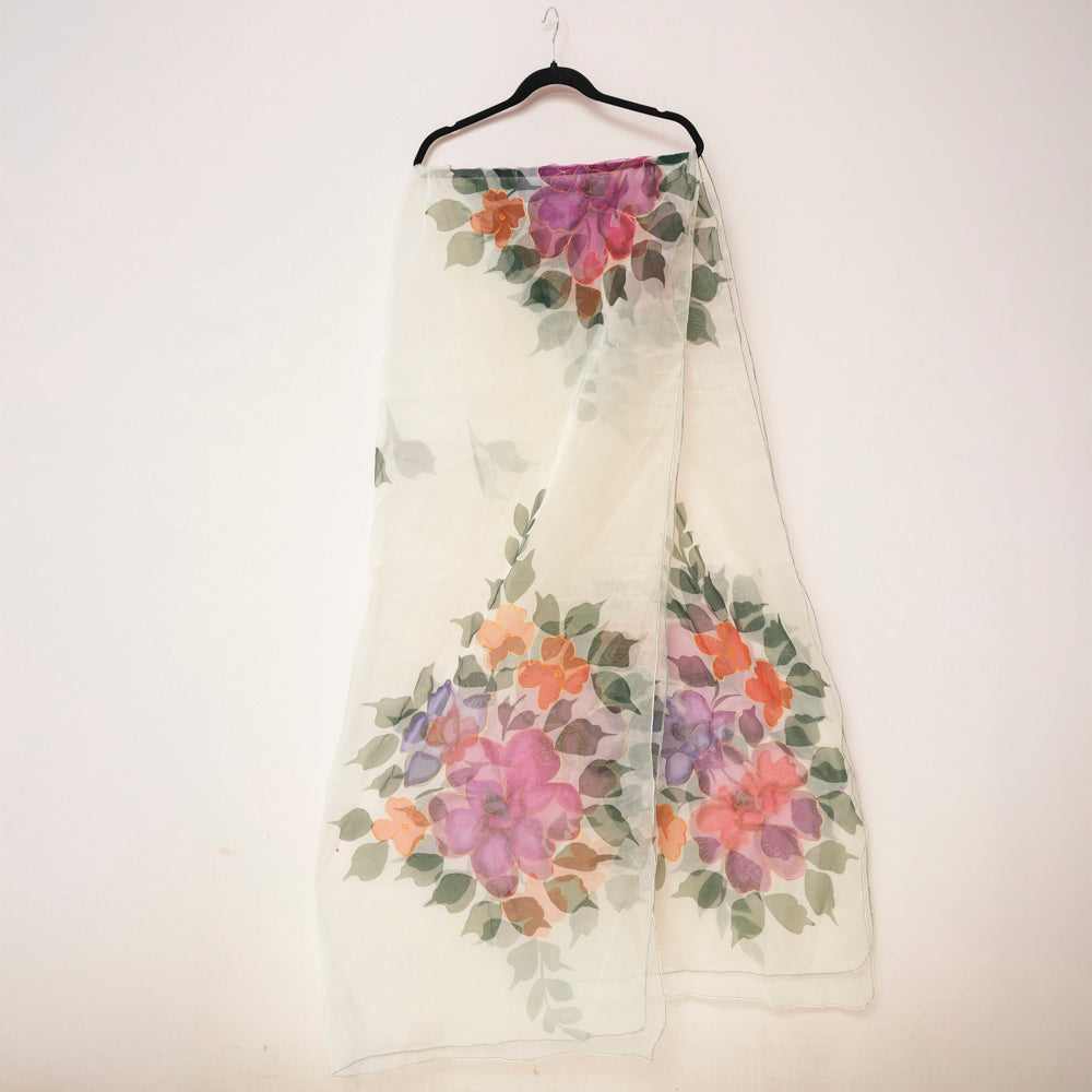 Elegant Floral Off-White Organza Hand-Painted Dupatta DUPPATTY WALAY