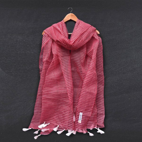 Organza Red Checkered Printed with Tussle Dupatta