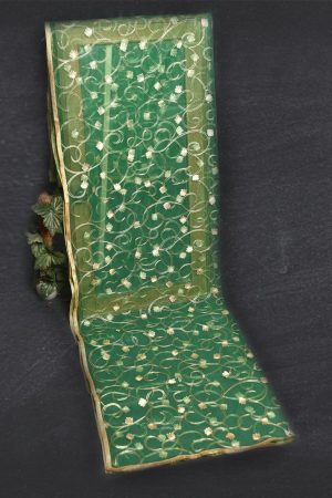Net Pearl Green Embroidered All Sided Lace Dupatta