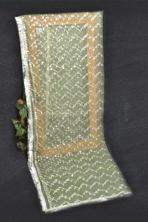 Net Fern Green Embroidered All Sided Lace Dupatta
