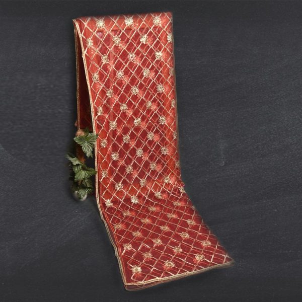 Net Red Embroidered All Sided Lace Dupatta