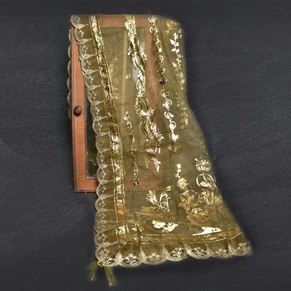 Organza Mehndi Foil Printed Embroidered All Sided Lace with Tussle Dupatta