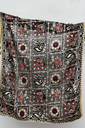 Organza Black Abstract Embroidered All Sided Lace Dupatta