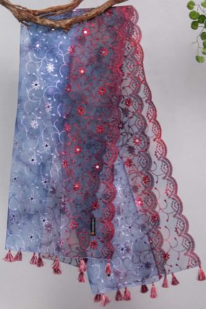 Organza Bluish Gray Tie Dye Embroidered Two Sided Tussle With Mirror Work Dupatta