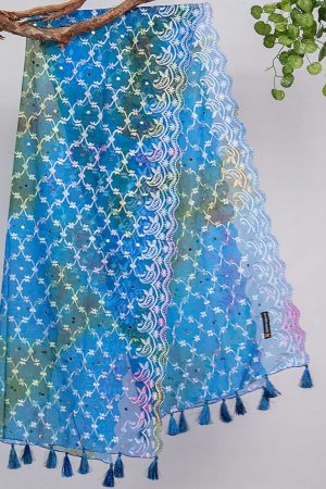 Organza Blue Tie Dye Embroidered Two Sided Tussle With Mirror Work Dupatta