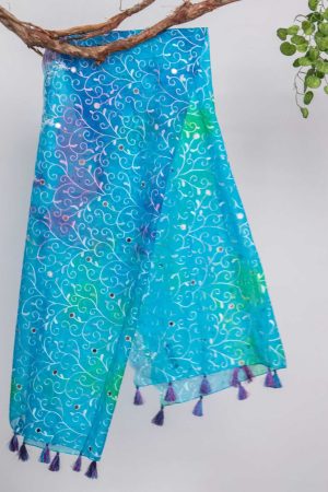 Organza Sky Blue Tie Dye Embroidered All Sided Lace With Mirror Work Dupatta