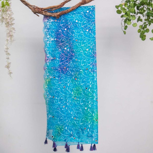 Organza Sky Blue Tie Dye Embroidered All Sided Lace With Mirror Work Dupatta
