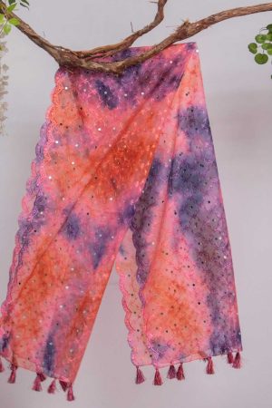 Organza Pink Tie Dye Embroidered All Sided Lace With Mirror Work Dupatta