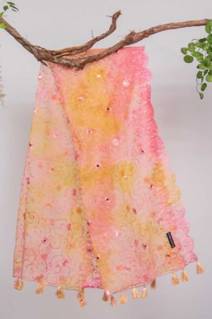 Organza Mustard Pink Tie Dye Embroidered Two Sided Tussle With Mirror Work Dupatta