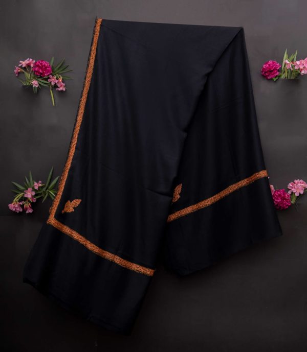 Woolen Pashmina Black Hashidaar Sozni Embroidered Shawl