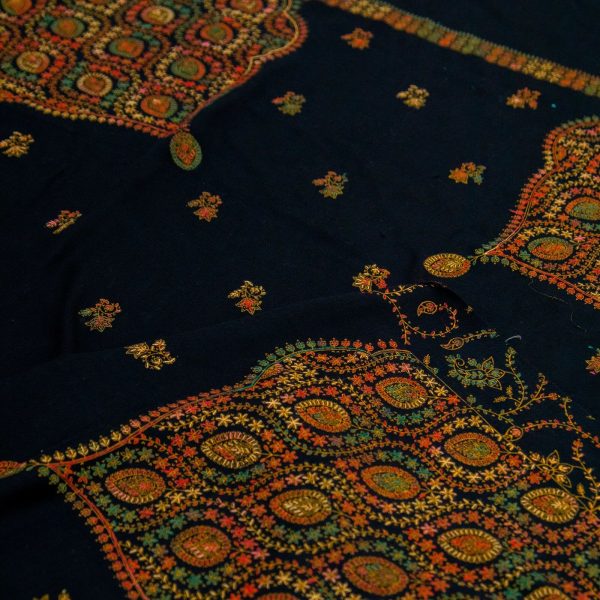 Woolen Pashmina Black Abstract Palladar Boti Sozni Embroidered Shawl
